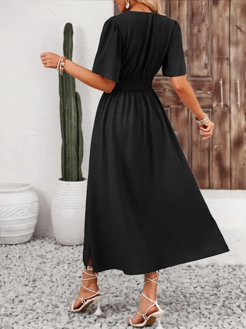 Anna-Berg | Long Short Sleeve V-Neck Dress