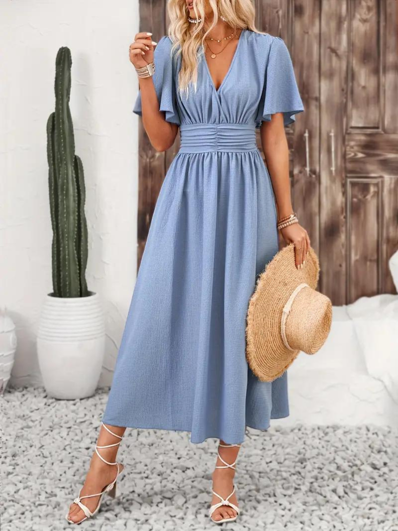 Anna-Berg | Long Short Sleeve V-Neck Dress