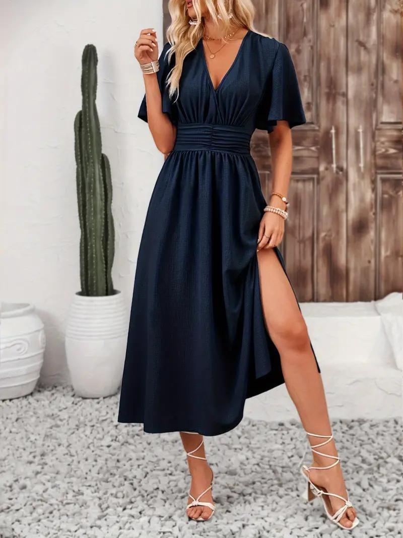 Anna-Berg | Long Short Sleeve V-Neck Dress