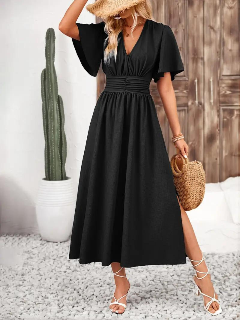 Anna-Berg | Long Short Sleeve V-Neck Dress