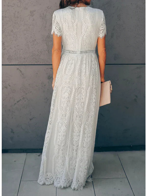 Anna-Berg | Modern White Lace Maxi Dress - V-Neck Short Sleeve Boho Floral Panel Wedding Guest