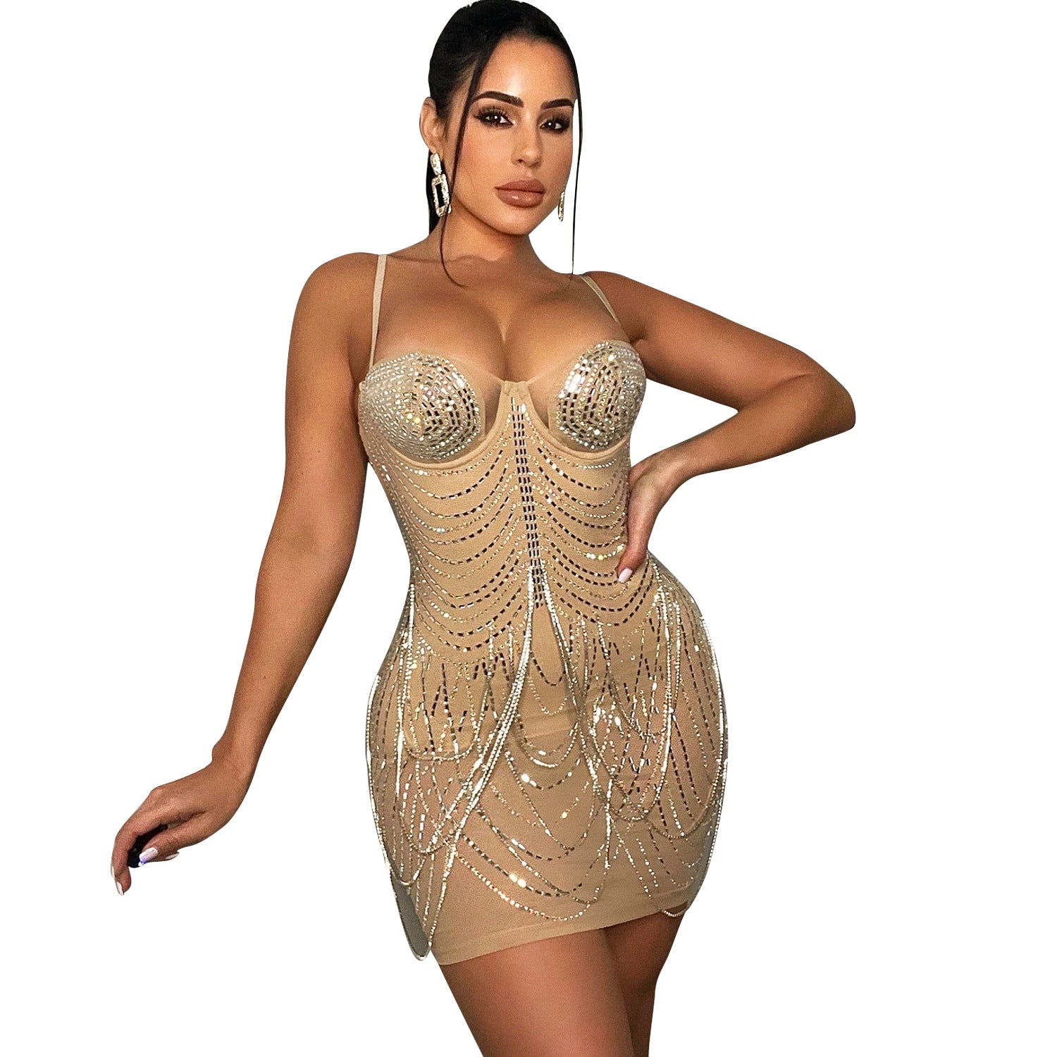Anna-Berg | Romantic Rhinestone-Embellished Mesh Mini Dress – Sparkling Glamour For Unforgettable Nights