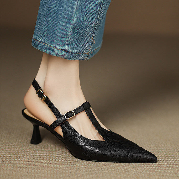 Anna-Berg | Black Pointed Toe Leather Heels