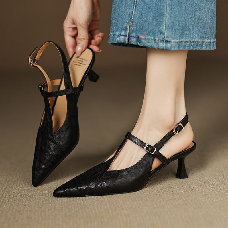 Anna-Berg | Black Pointed Toe Leather Heels