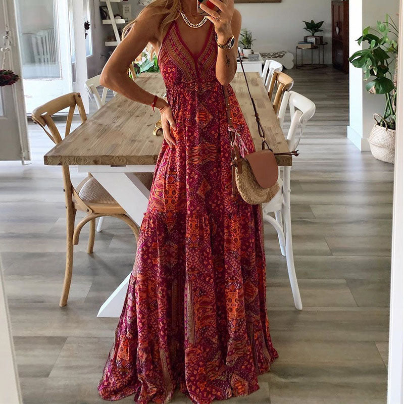 Anna-Berg | Timeless V Neck Boho Flowy Draped Maxi Dress