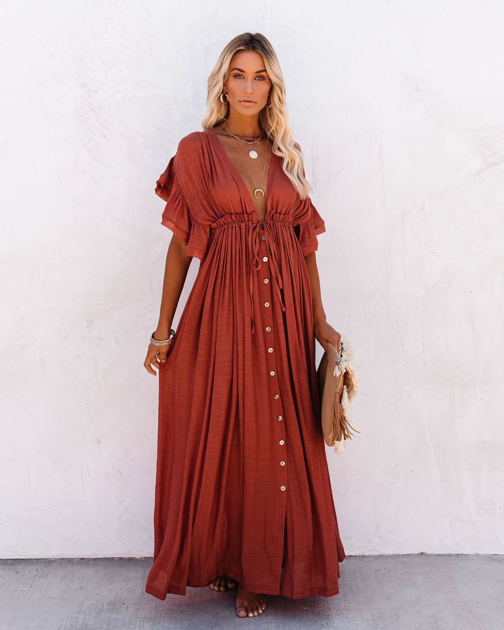 Anna-Berg | Romantic Summer Boho Button Front Maxi Dress