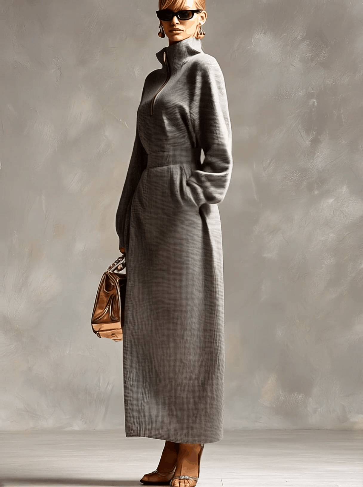 Anna-Berg | Grey Waffle Long Sleeve Casual Dress
