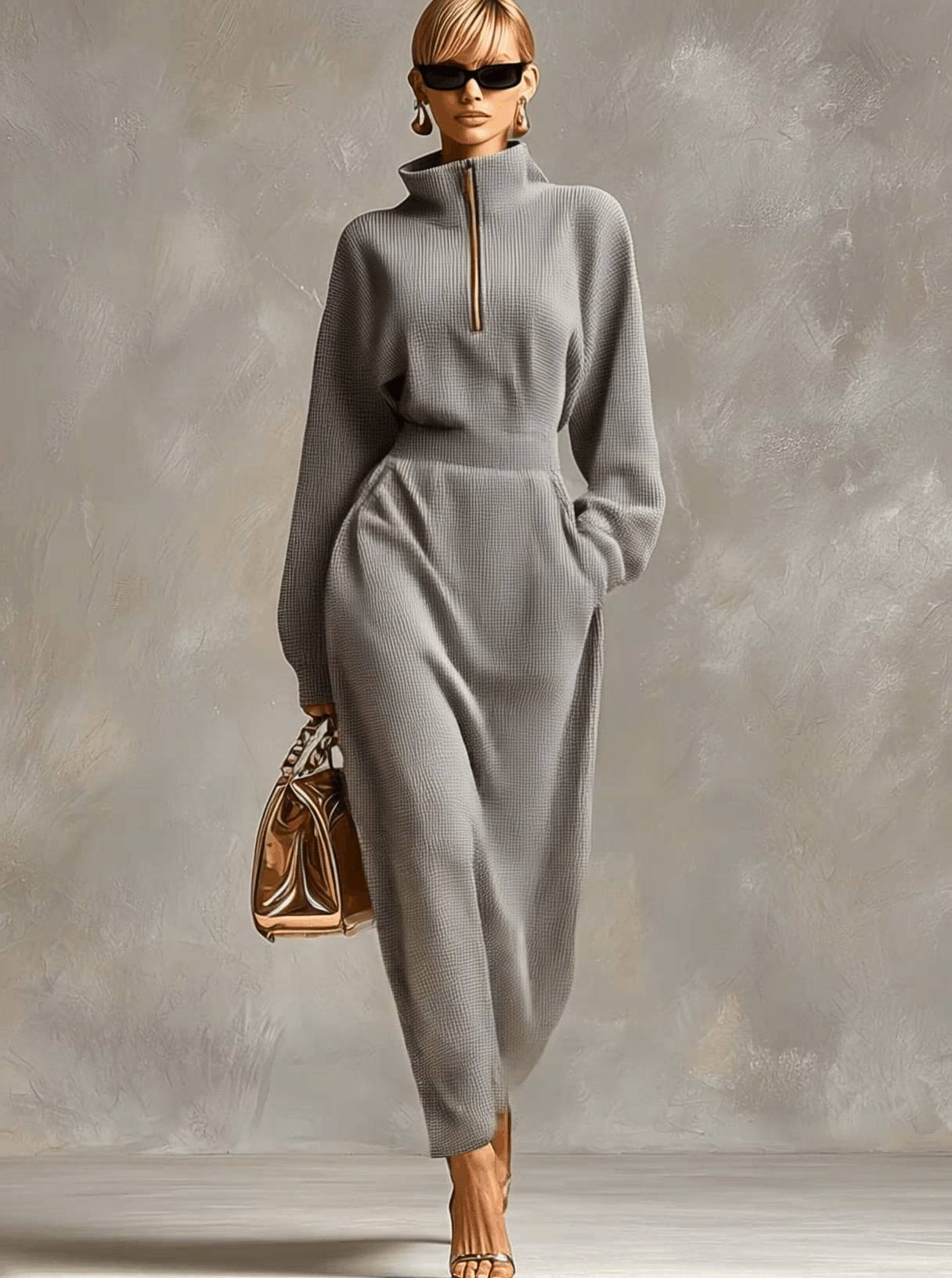 Anna-Berg | Grey Waffle Long Sleeve Casual Dress