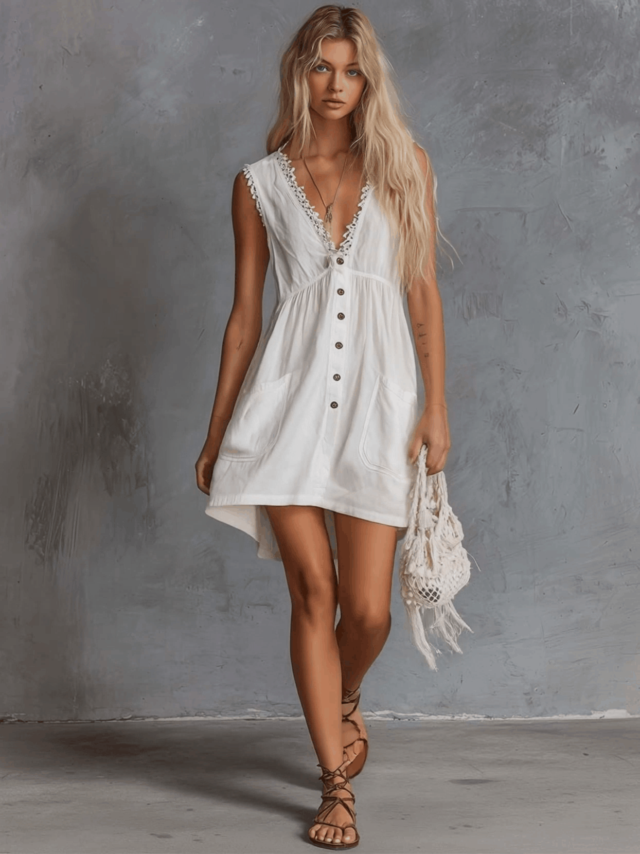Anna-Berg | White Lace V-Neck Casual Dress