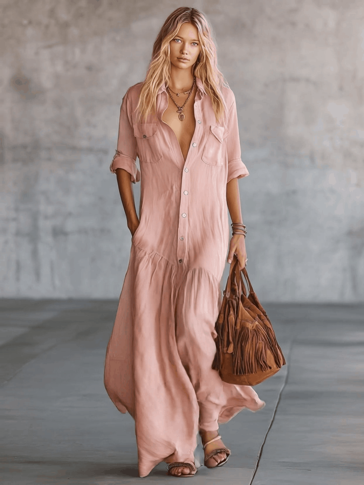 Anna-Berg | Pink Linen V-Neck Casual Dress