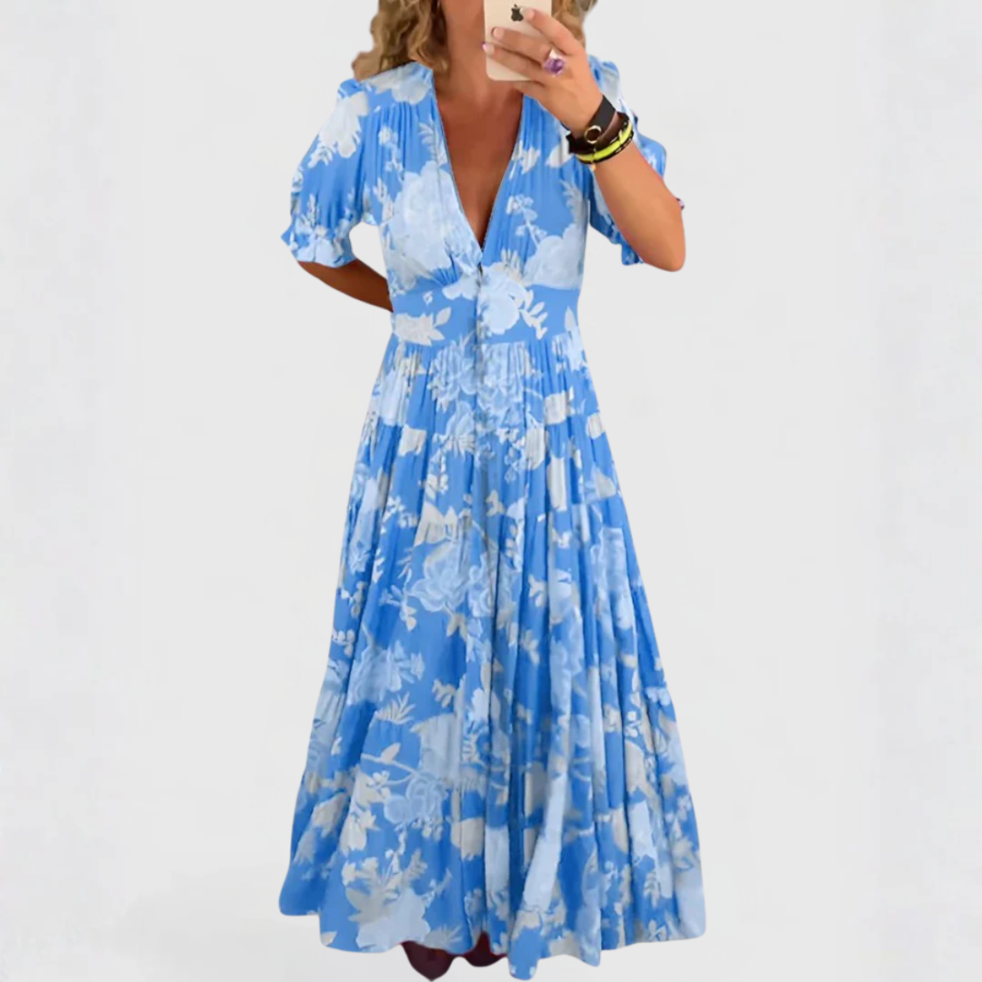 Anna-Berg | Elegant Floral V-neck Dress for Effortless Elegance