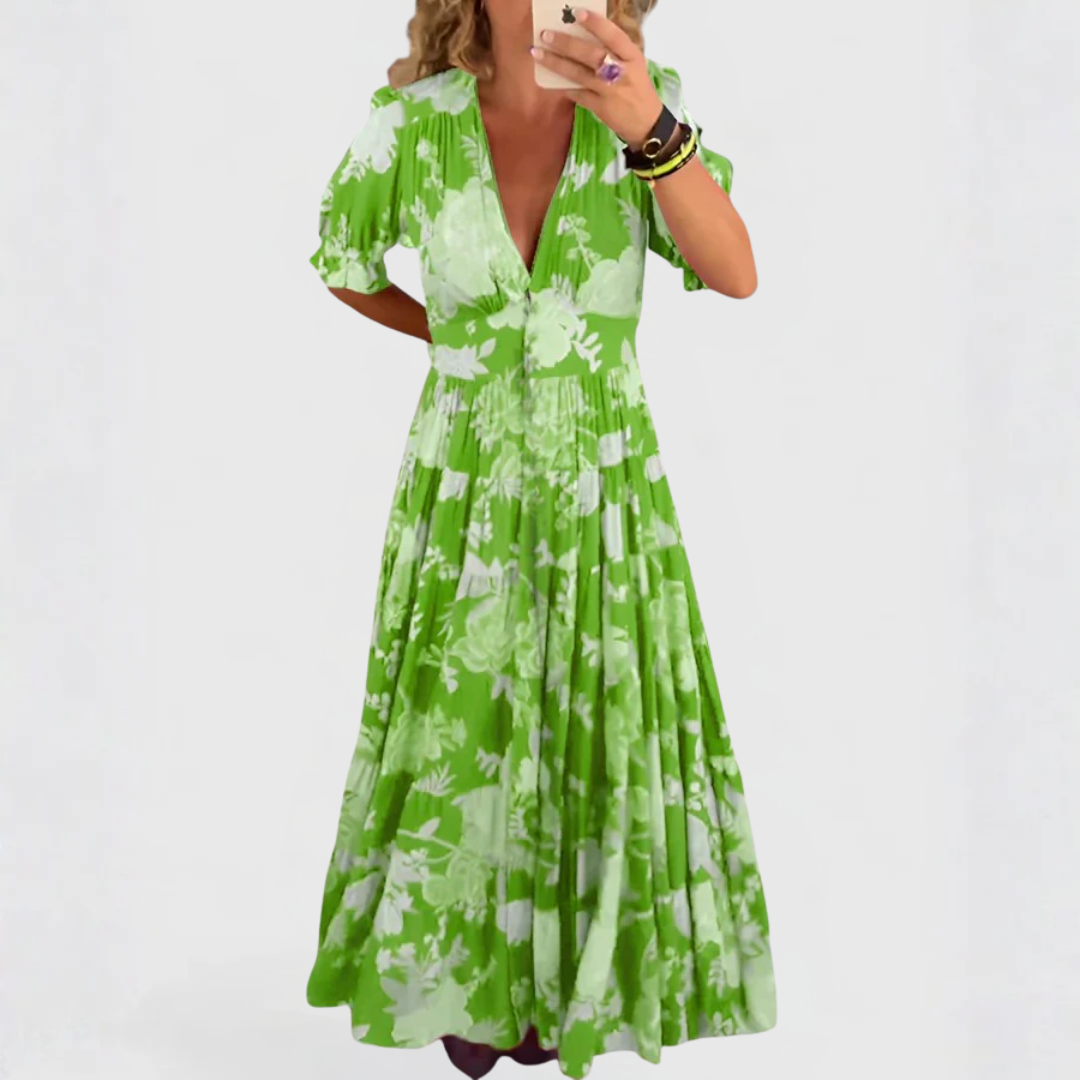 Anna-Berg | Elegant Floral V-neck Dress for Effortless Elegance