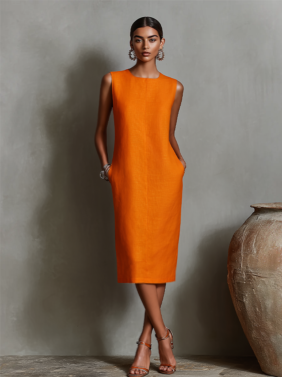 Anna-Berg | Orange Linen Sleeveless Evening Dress