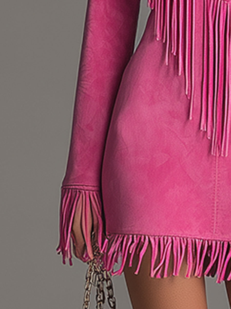 Anna-Berg | Red Faux Suede Tassel Western Dress