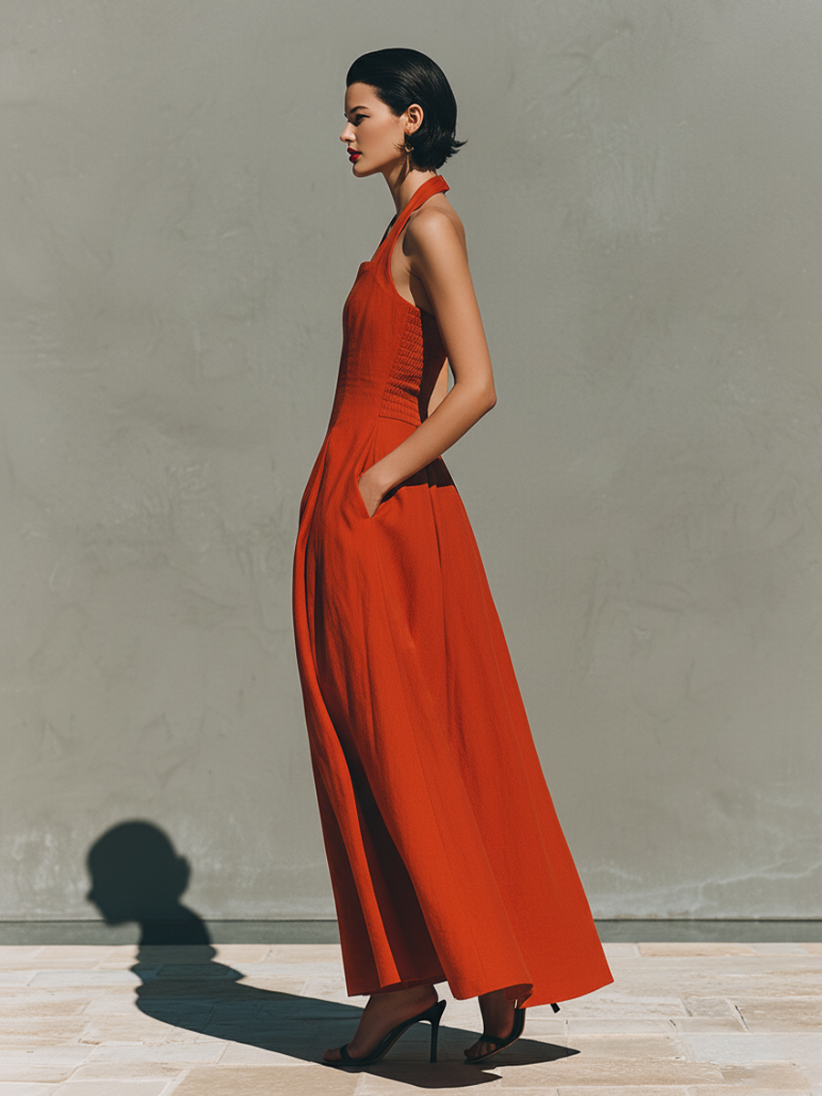 Anna-Berg | Red Linen Halter Neck Casual Dress