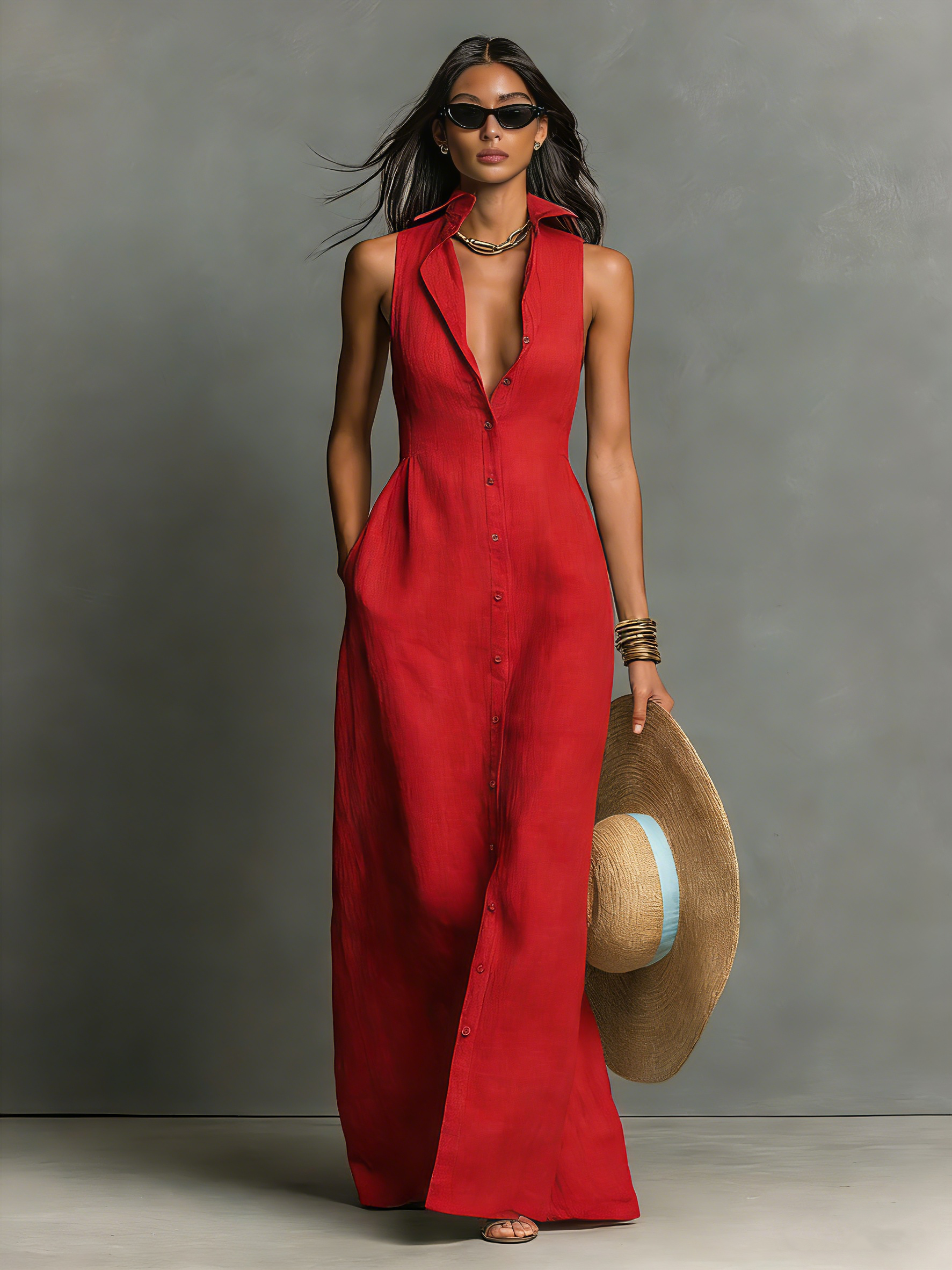 Anna-Berg | Red Linen Sleeveless Dress