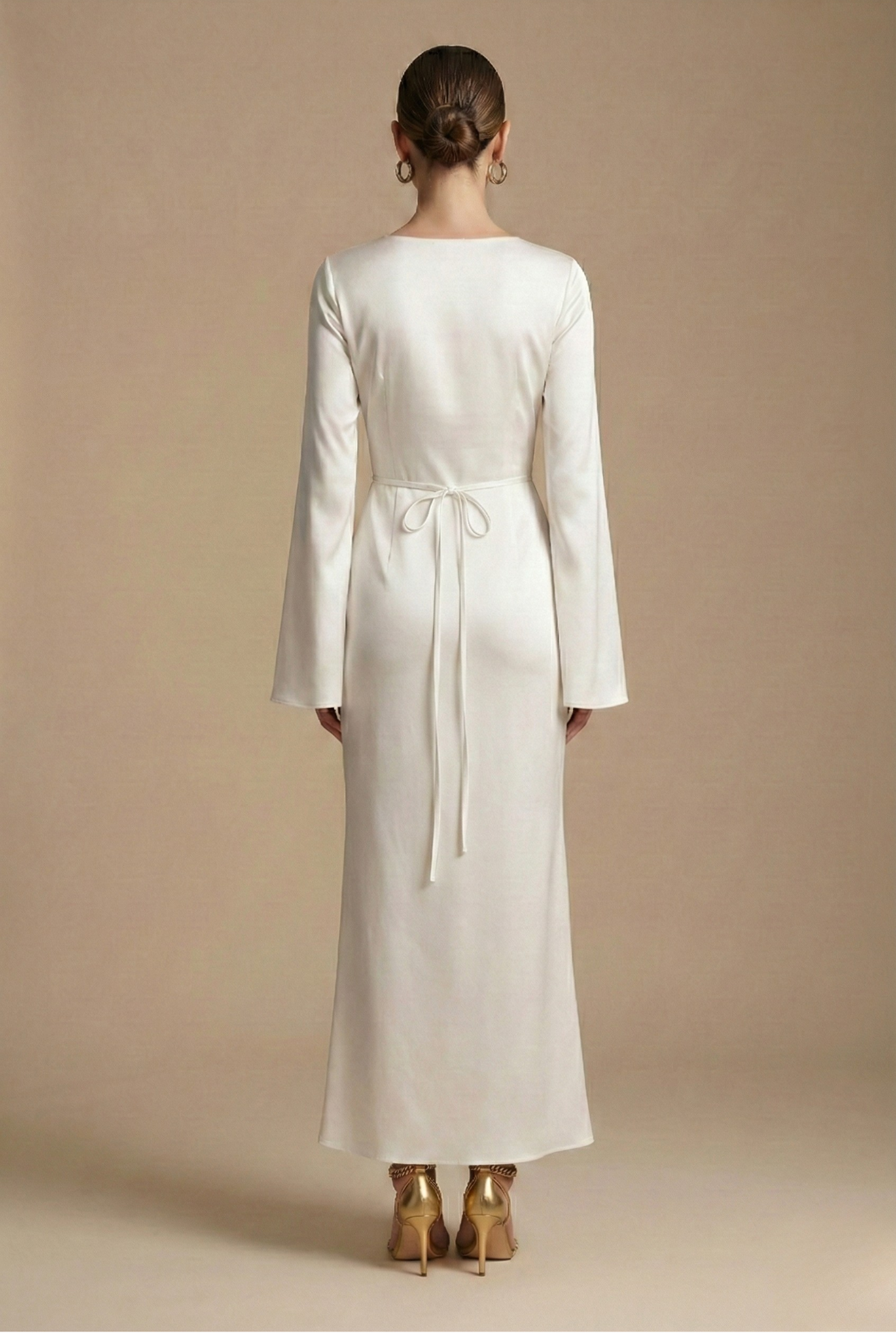 Anna-Berg | Flowing Maxi Dress - Boat Neck - Flared Sleeve - Tie Back