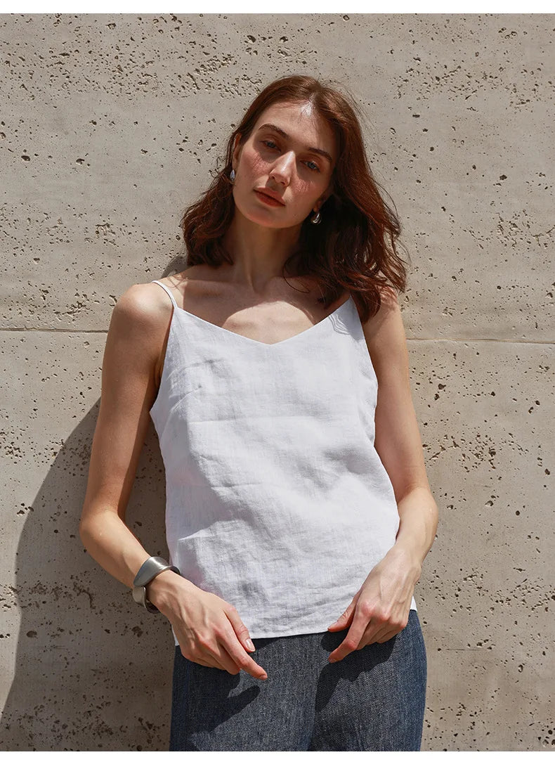 Anna-Berg | Natural Relaxed-Fit V-Neck Linen Camisole Top