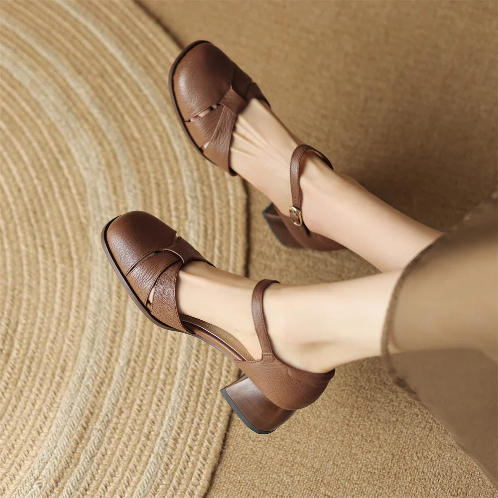 Anna-Berg | Black Braided Ankle-Strap Mid-Heel Leather Pumps