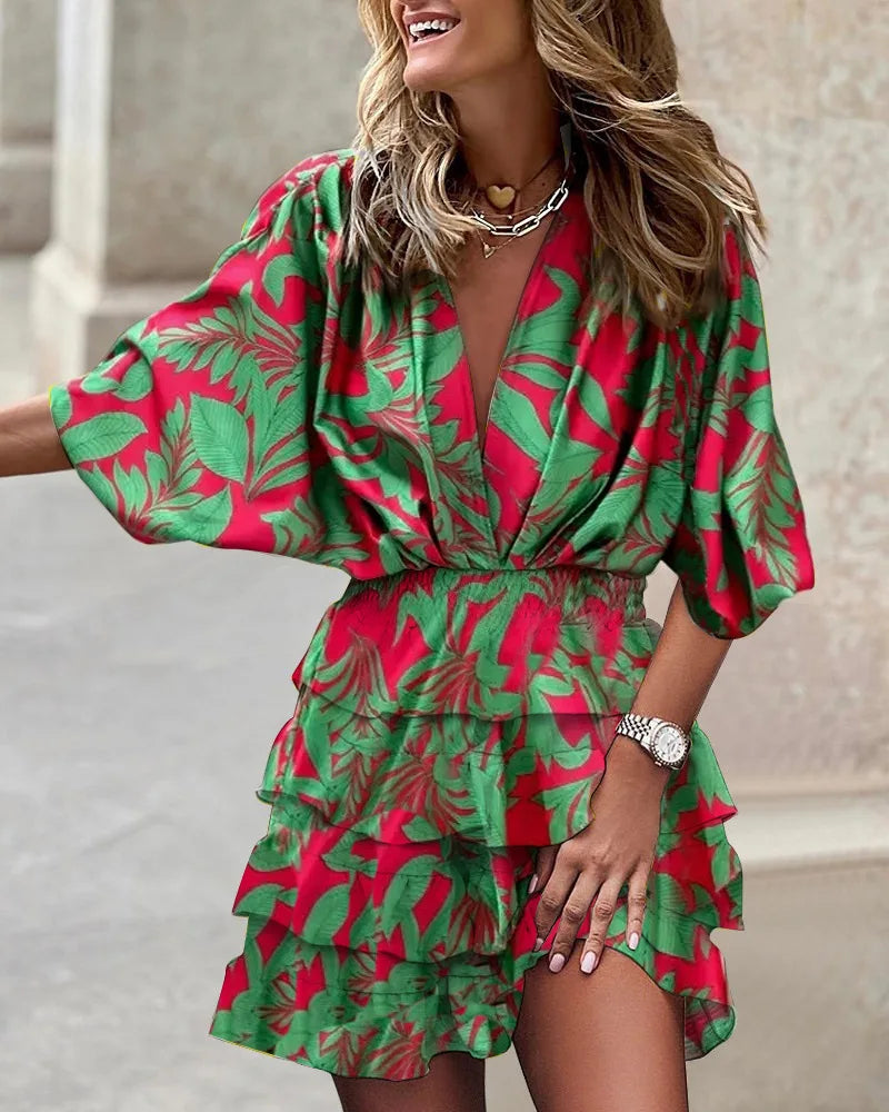 Anna-Berg | Boho Printed Ruffle Mini Dress in a Flattering Cut