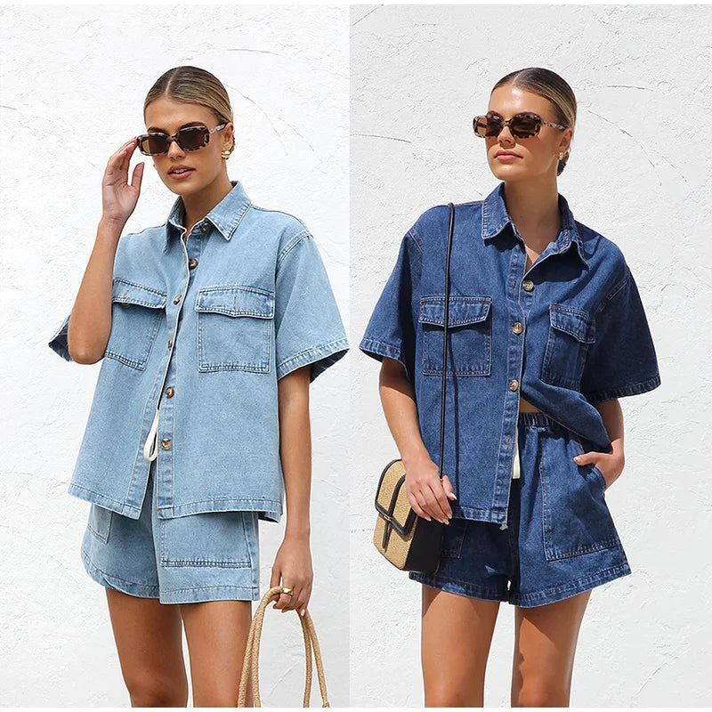 Anna-Berg | Blue Cropped Jacket High-Waist Jeans Denim 2-Piece Set