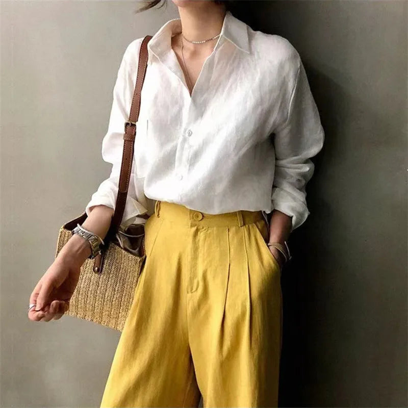 Anna-Berg | Natural Relaxed Fit Open Collar Linen Shirt