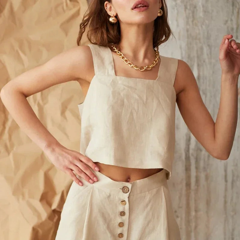 Anna-Berg | Natural Square-Neck Cropped Linen Tank