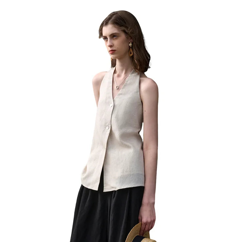 Anna-Berg | Natural Halter Linen Waistcoat Top