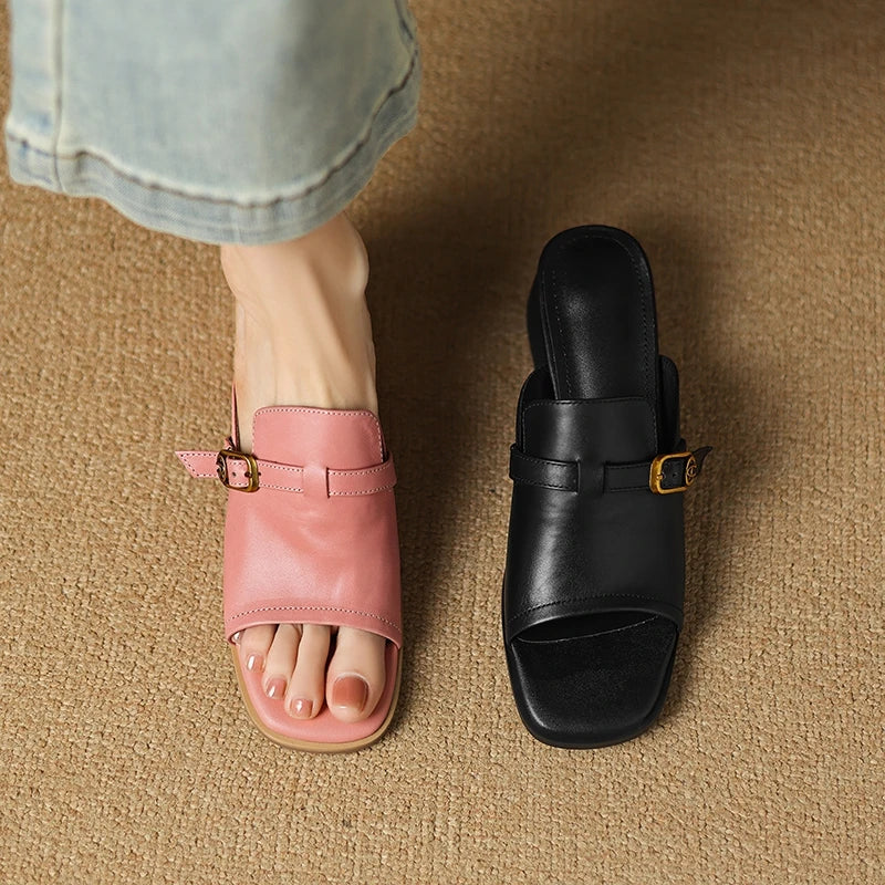 Anna-Berg | Black Adjustable Buckle Leather Slide
