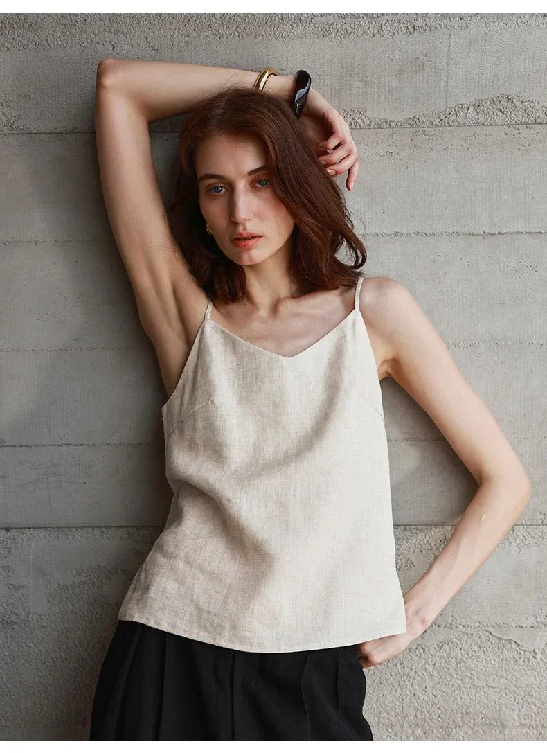 Anna-Berg | Natural Relaxed-Fit V-Neck Linen Camisole Top