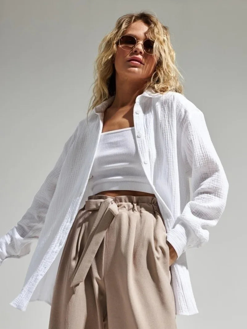 Anna-Berg | White Short-Sleeve Button-Up Cotton Shirt