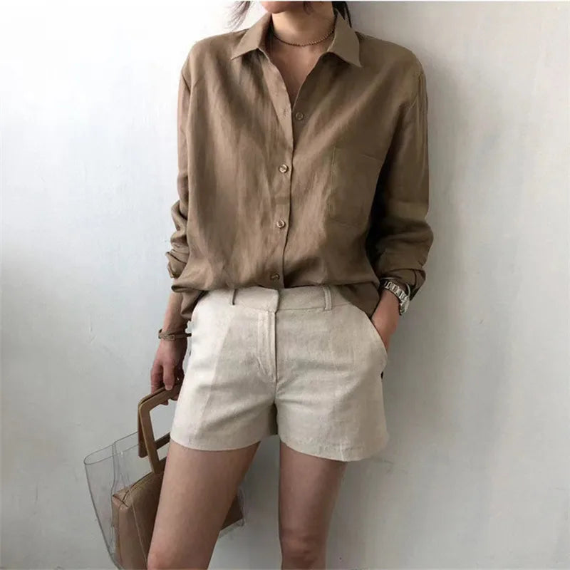 Anna-Berg | Natural Relaxed Fit Open Collar Linen Shirt