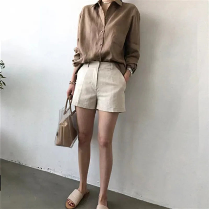 Anna-Berg | Natural Relaxed Fit Open Collar Linen Shirt