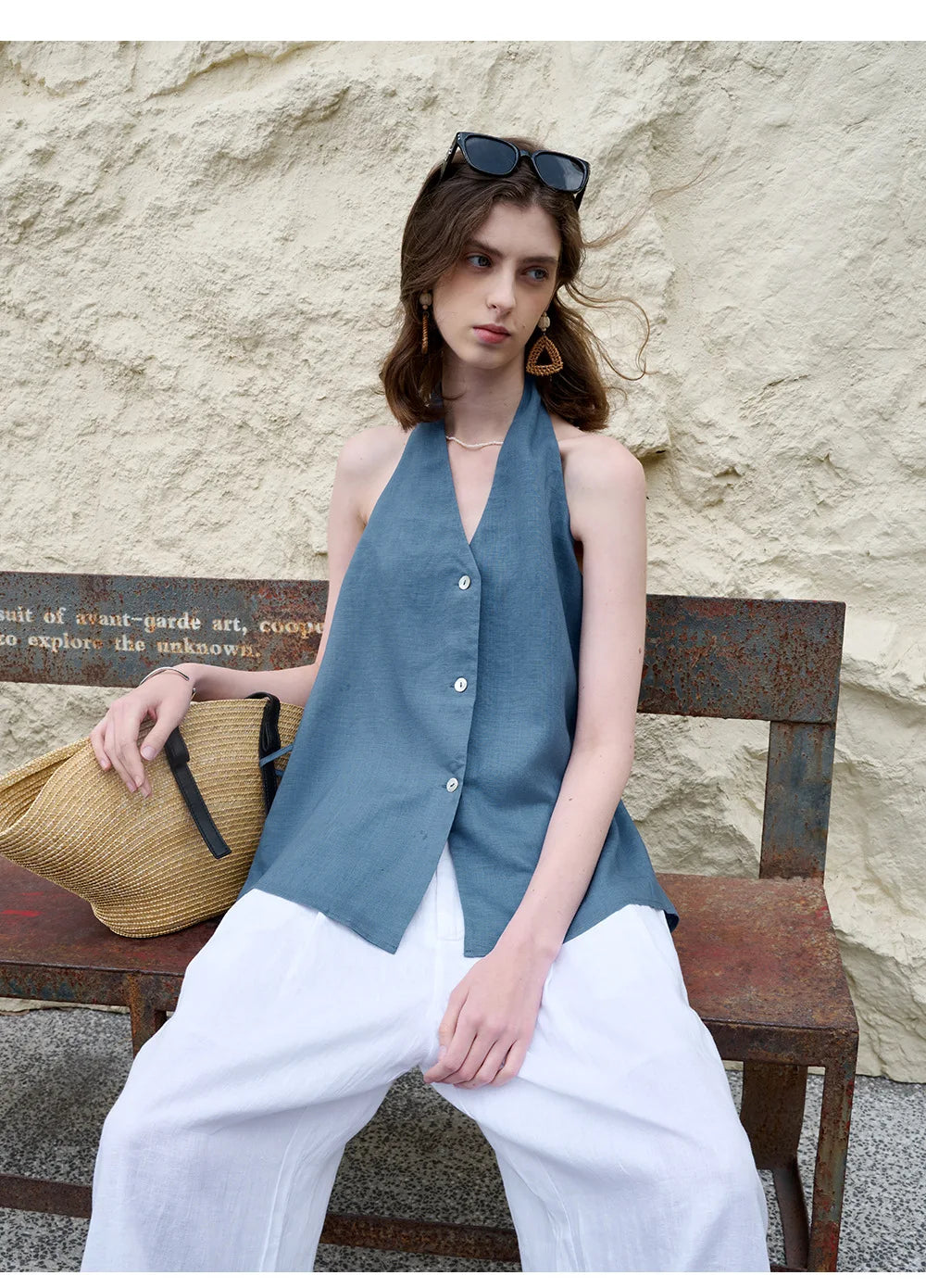 Anna-Berg | Natural Halter Linen Waistcoat Top