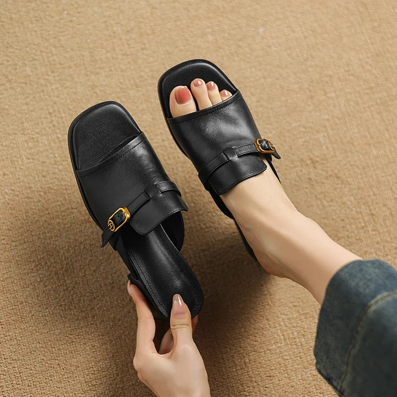 Anna-Berg | Black Adjustable Buckle Leather Slide