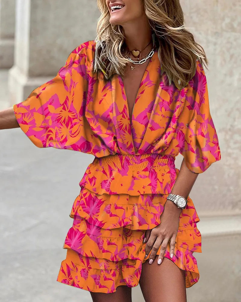 Anna-Berg | Boho Printed Ruffle Mini Dress in a Flattering Cut