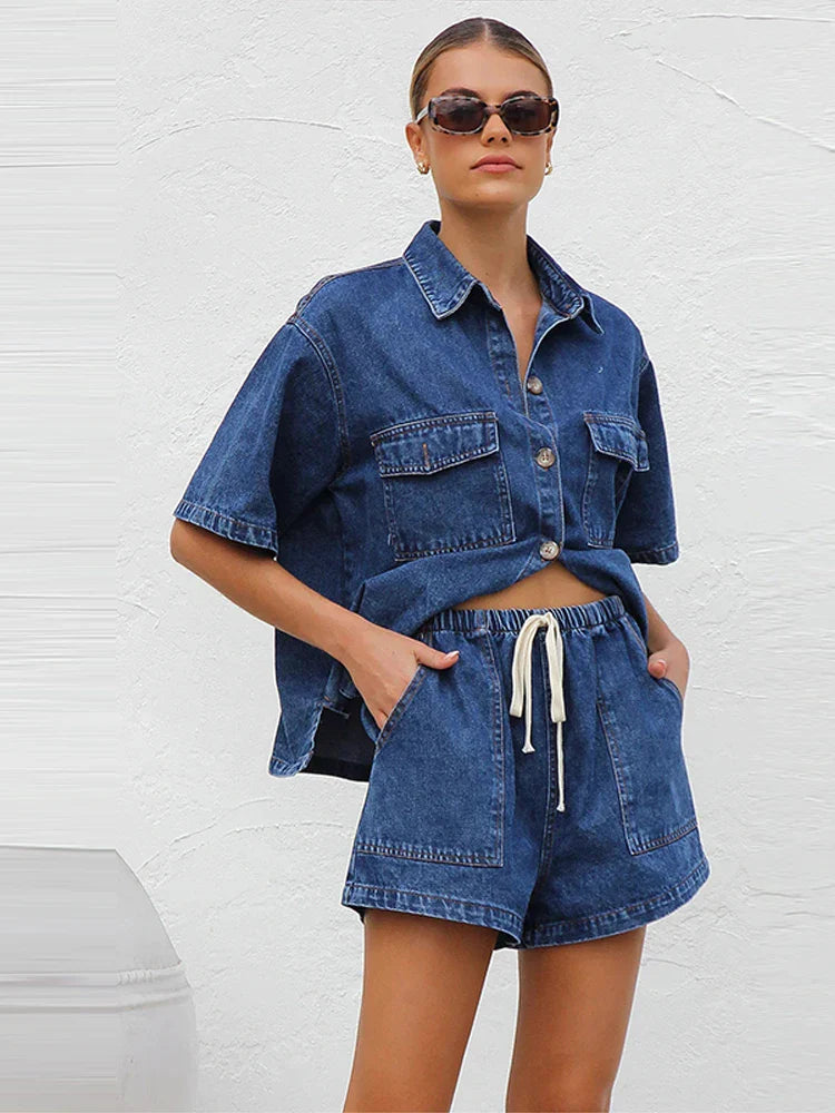 Anna-Berg | Blue Cropped Jacket High-Waist Jeans Denim 2-Piece Set