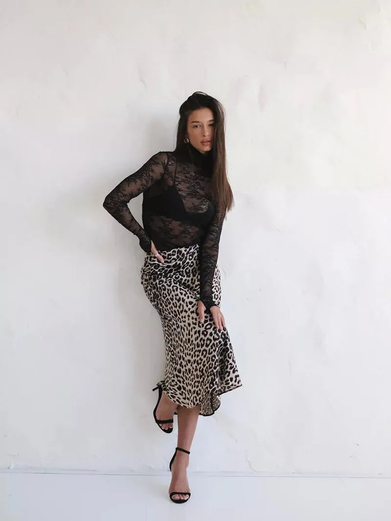Anna-Berg | Brown Leopard-Print Satin Midi Skirt