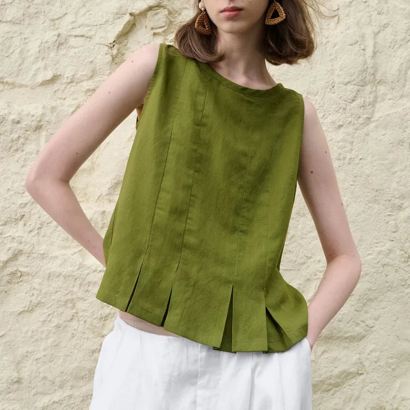 Anna-Berg | Natural Pleated Hem Linen Top