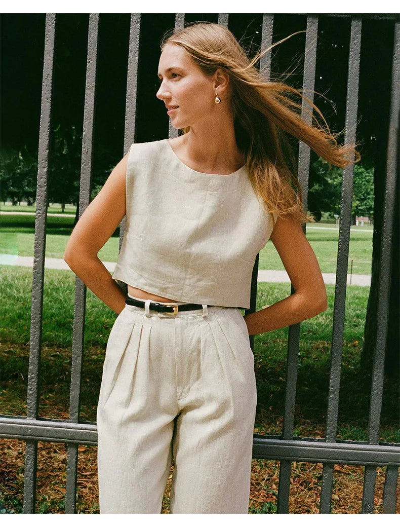 Anna-Berg | Natural Boxy Cropped Linen Top
