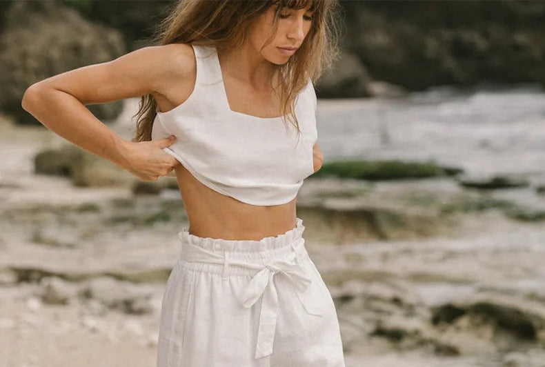 Anna-Berg | Ruffle-Waist Wide-Leg Linen Pant