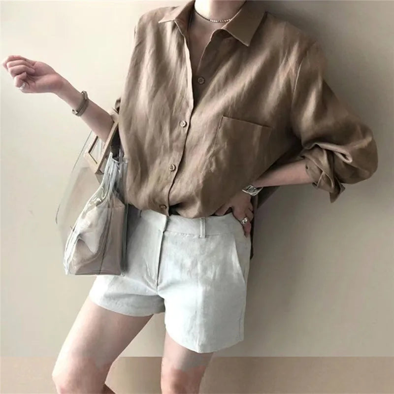Anna-Berg | Natural Relaxed Fit Open Collar Linen Shirt