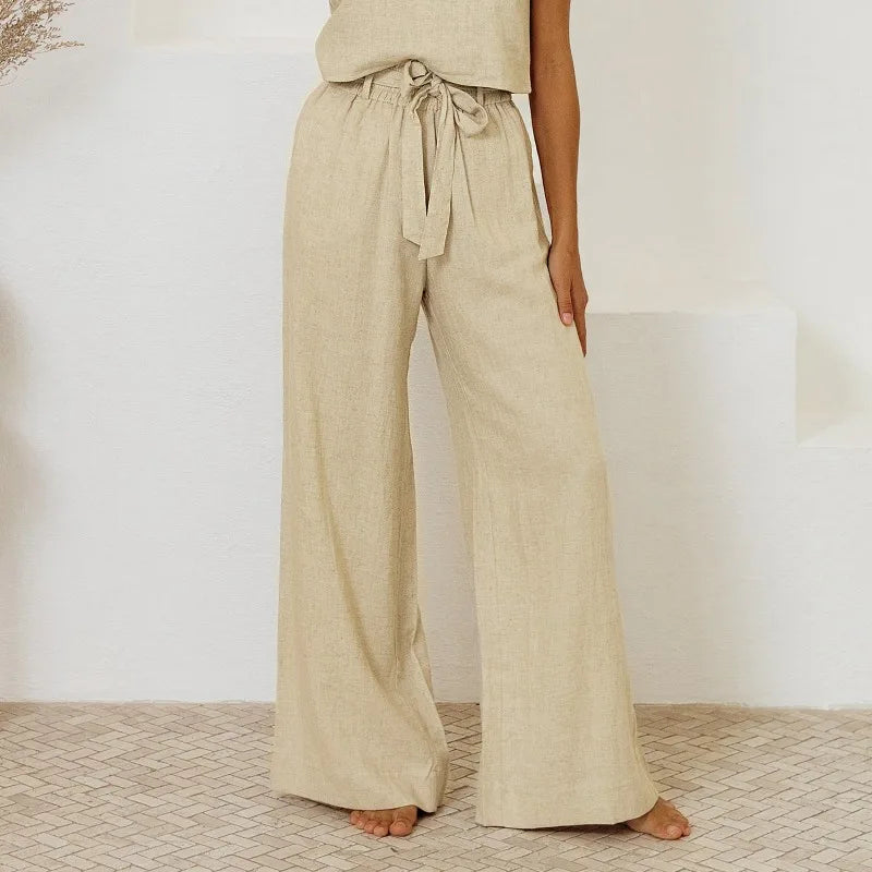 Anna-Berg | Ruffle-Waist Wide-Leg Linen Pant