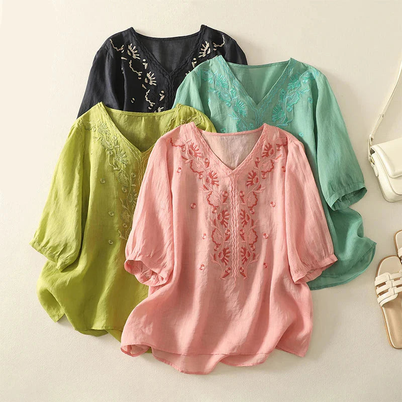 Anna-Berg | Ivory V-Neck Cotton Blouse