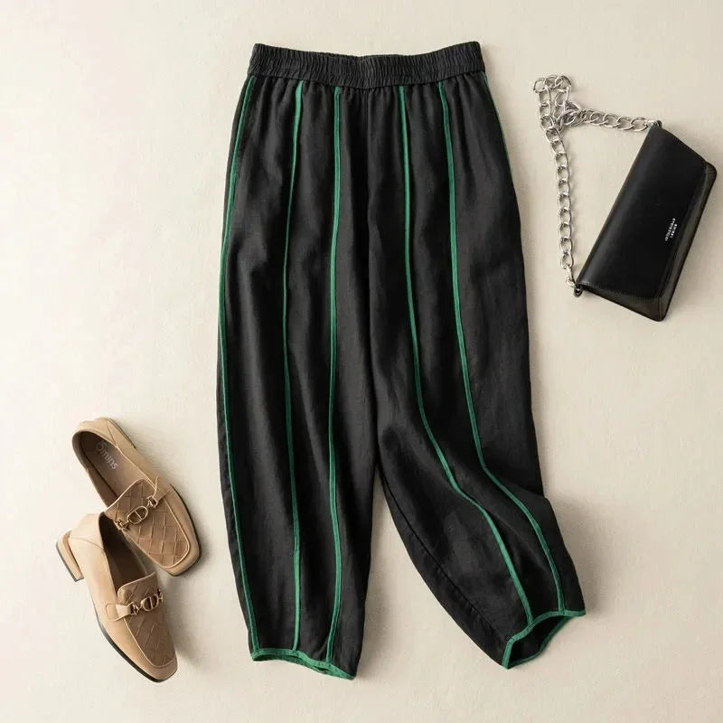 Anna-Berg | Green Striped Wide-Leg Linen Pant