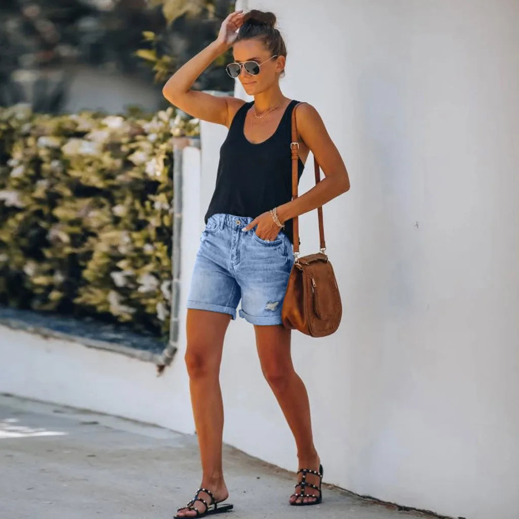 Anna-Berg | Chic High Waist Denim Shorts Distressed Rolled Hem