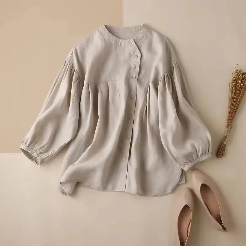Anna-Berg | Ivory Gathered Lantern-Sleeve Cotton Blouse