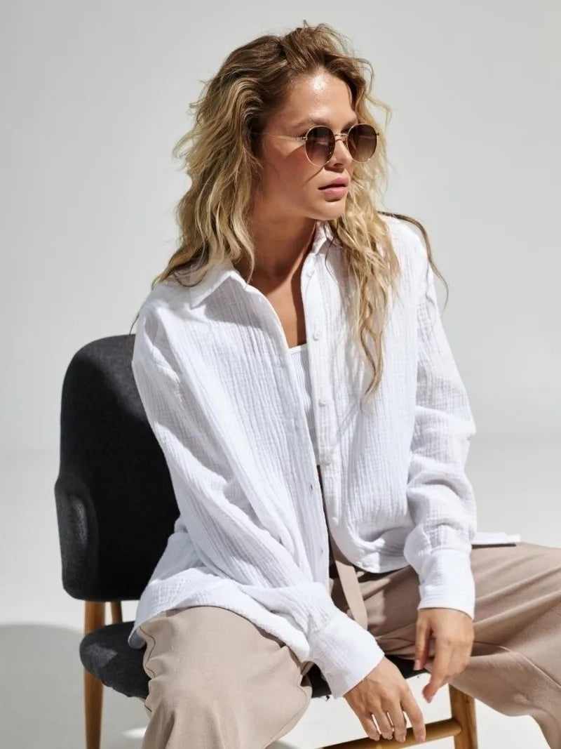 Anna-Berg | White Short-Sleeve Button-Up Cotton Shirt