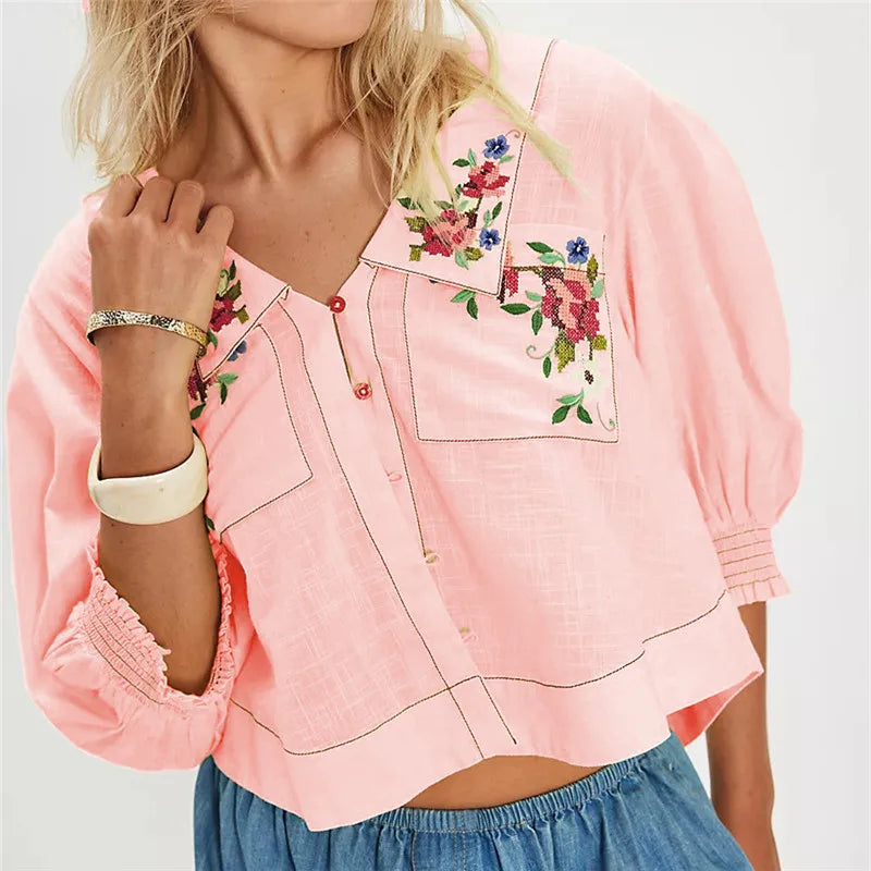 Anna-Berg | Floral Embroidered Cropped Blouse