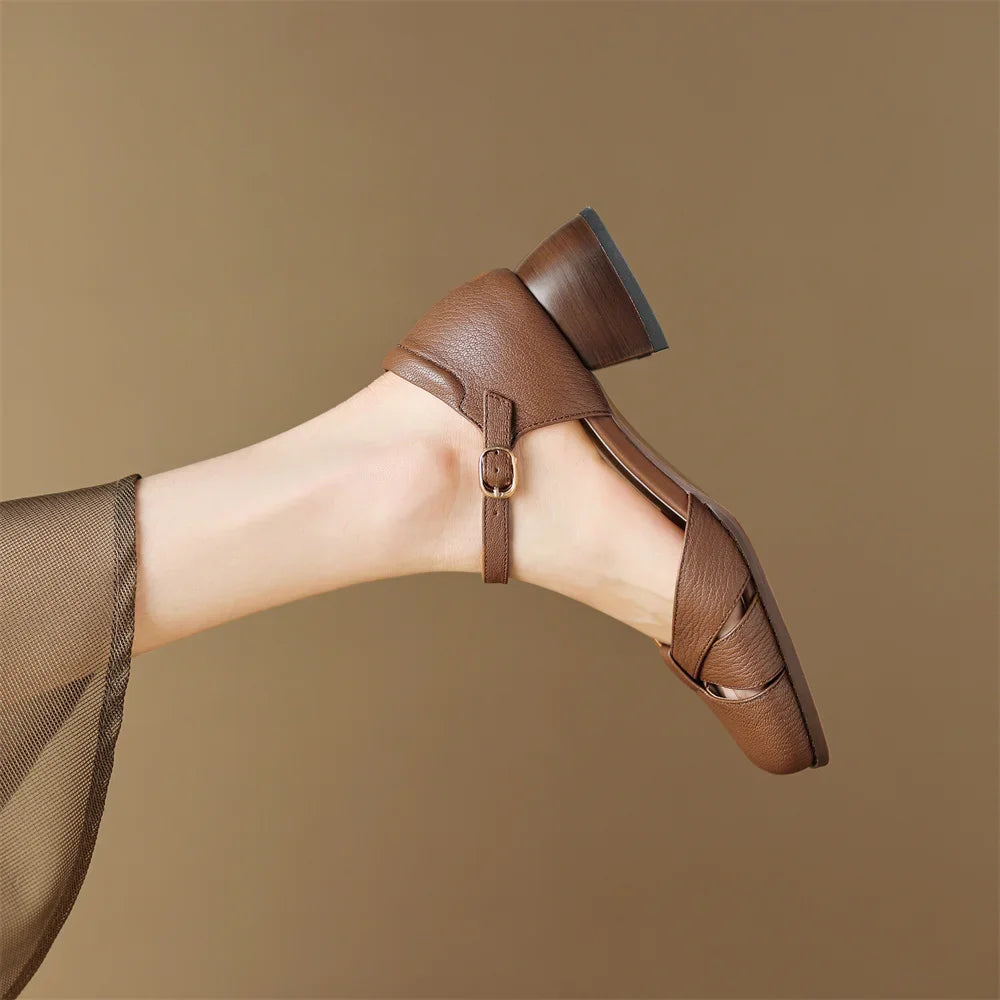 Anna-Berg | Black Braided Ankle-Strap Mid-Heel Leather Pumps